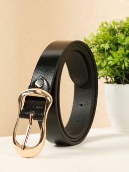 Teakwood - Womens Black Leather Belt with Gold Sculpted Pin Buckle