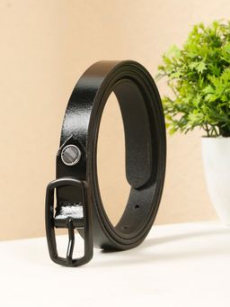 Teakwood - Womens Black Leather Belt with Matte Black Buckle
