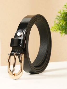 Teakwood - Womens Classic Black Leather Belt with Polished Gold Buckle
