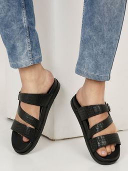 Teakwood - Men Black Texture Leather Sandals