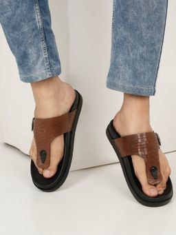 Teakwood - Men Brown Texture Leather Sandals