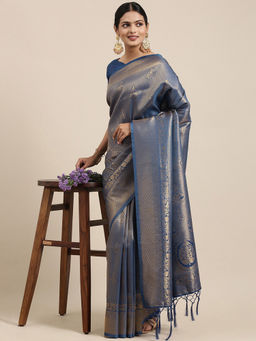 Akhilam - Navy Blue Festive Silk Blend Woven Design Saree With Unstitched Blouse