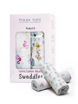 Polka Tots - White Flamingo Fingers & Bloomy Bear Muslin Cotton Swaddles (Pack of 2)