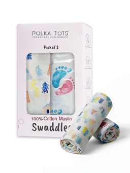 Polka Tots - White Tiny Town & Little Feet Muslin Cotton Swaddles (Pack of 2)