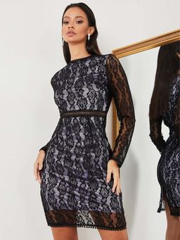 Styli - Black Long Sleeves High Neck Lace Insert Bodycon Dress