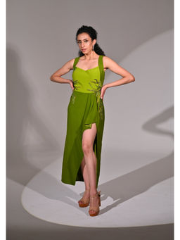 Bani Khurana - Green Crepe Embroidered A-Line Midi Dress