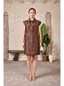 Bani Khurana - Brown Cotton Solid/Plain Shirt Mini Dress