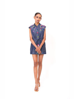 Bani Khurana - Blue Denim Floral A-Line Mini Dress