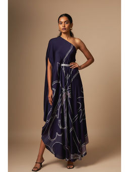 Vedika M - Blue Abstract Printed One Shoulder Drape A Line Maxi Dress