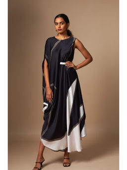 Vedika M - Black & White Abstract Printed Sleeveless Drape A Line Maxi Dress