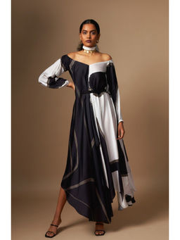 Vedika M - Black & White Abstract Printed Wide Neck A Line Maxi Dress