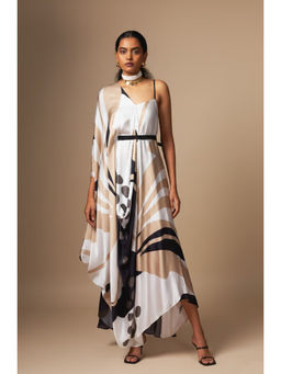 Vedika M - Abstract Printed V Neck Drape A Line Maxi Dress