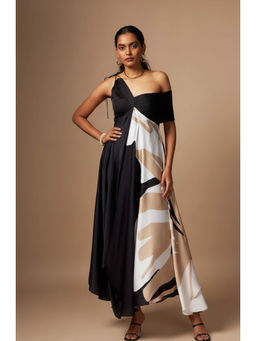 Vedika M - Black & White Abstract Print One Shoulder A Line Maxi Dress