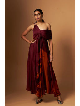 Vedika M - Maroon Abstract Print One Shoulder A Line Maxi Dress
