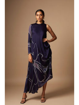 Vedika M - Blue Abstract Print Drape A Line Maxi Dress