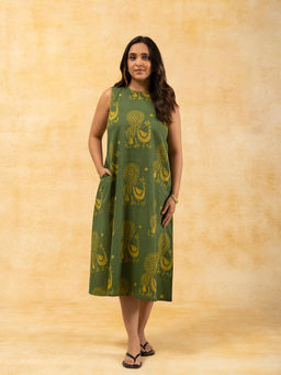 SPARSA - Green Printed A-Line Sleeveless Cotton Dress