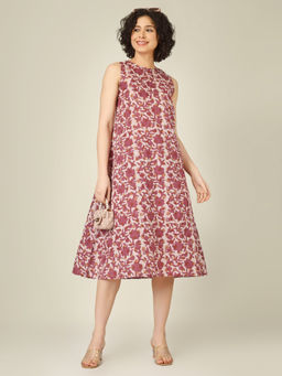 SPARSA - White Printed Sleeveless A-Line Cotton Dress