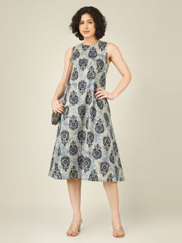 SPARSA - Off-Blue Printed Sleeveless A-Line Cotton Dress