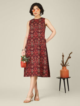 SPARSA - Wine Printed Sleeveless A-Line Cotton Dress