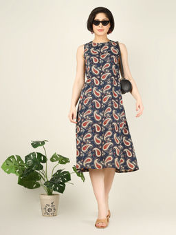 SPARSA - Navy Blue Printed Sleeveless A-Line Cotton Dress