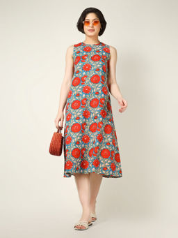 SPARSA - Blue Printed Sleeveless A-Line Cotton Dress