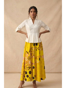 Vedika M - Yellow Cotton Floral Top with Skirt