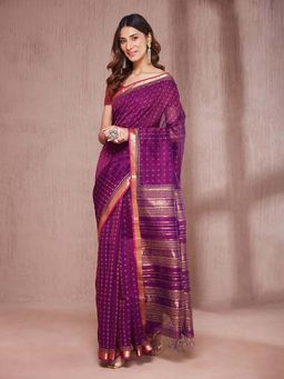 Fabindia - Purple Cotton Silk Blend Hand Block Printed Saree Without Blouse