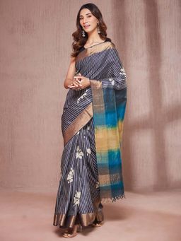 Fabindia - Blue Silk Hand Block Printed Saree Without Blouse