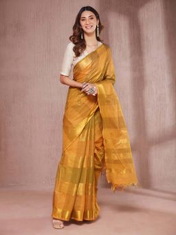 Fabindia - Mustard Cotton Blend Batik Woven Saree Without Blouse