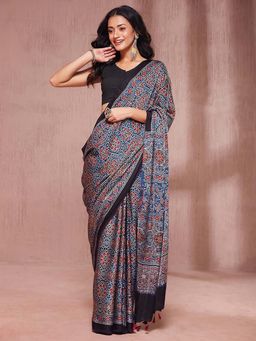 Fabindia - Black Viscose Blend Ajrakh Printed Saree Without Blouse
