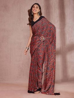 Fabindia - Maroon Viscose Blend Ajrakh Printed Saree Without Blouse