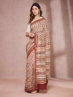 Fabindia - Maroon Cotton Silk Blend Dabu Printed Saree Without Blouse