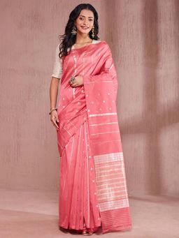 Fabindia - Pink Cotton Silk Blend Woven Saree Without Blouse
