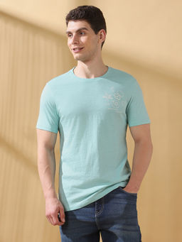 Dennis Lingo - Men Eggshell Blue Printed Round Neck Half Sleeves Regular Fit T-Shirt