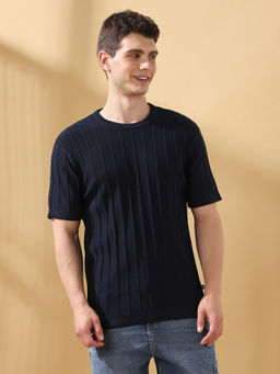 Dennis Lingo - Men Navy Blue Textured Round Neck Half Sleeves Regular Fit T-Shirt