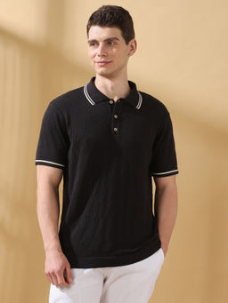 Dennis Lingo - Men Black Textured Collar Neck Half Sleeves Relaxed Fit Polo T-Shirt