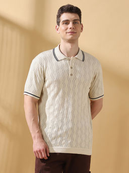 Dennis Lingo - Men Off White Textured Collar Neck Half Sleeves Relaxed Fit Polo T-Shirt