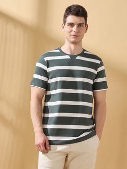 Dennis Lingo - Men Cilantro Stripes Round Neck Half Sleeves Regular Fit T-Shirt