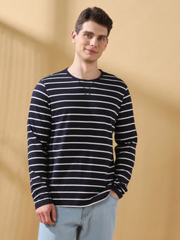 Dennis Lingo - Men Blue Stripes Round Neck Full Sleeves Regular Fit T-Shirt