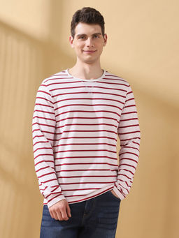 Dennis Lingo - Men Cabernet Stripes Round Neck Full Sleeves Regular Fit T-Shirt