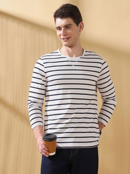 Dennis Lingo - Men Marshmallow Stripes Round Neck Full Sleeves Regular Fit T-Shirt