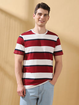Dennis Lingo - Men Cabernet Stripes Round Neck Half Sleeves Regular Fit T-Shirt
