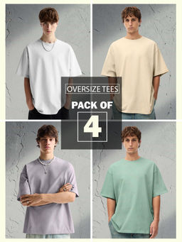 PRONK - Multi-Color Solid Oversized Men T-Shirt Combo (Pack of 4)