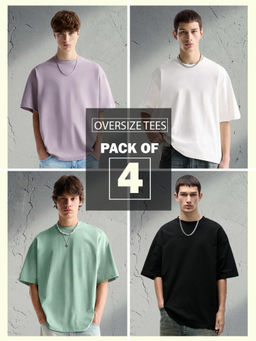PRONK - Multi-Color Solid Oversized Men T-Shirt Combo (Pack of 4)