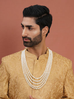 Ruby Raang Studio - Pearl White and Crystal Beaded Layered Necklace for Men