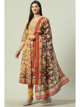 Biba - Yellow Printed Anarkali (Set of 3)