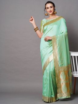 Odette - Green Festive Silk Blend Woven Design Saree with Unstitched Blouse