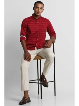 Peter England - Men Red Slim Fit Stripe Full Sleeves Casual Shirt
