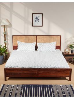 Fabindia - Teal Printed Cotton Bed Sheet With Pillow Cover