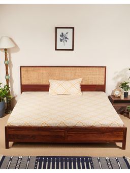Fabindia - Yellow Printed Cotton Bed Sheet With Pillow Cover (Single)